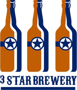 Illustration of three beer long neck bottles with star and the words text Star Brewery set on isolated white background done in retro style.