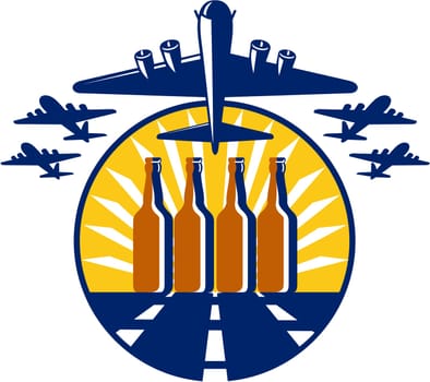 Illustration of a B-17 Flying Fortress, a World War two American four-engine heavy bomber taking off and in full flight with beer bottles in the runway and sunburst in the background set inside circle done in retro style.