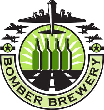 Illustration of a B-17 Flying Fortress, a World War two American four-engine heavy bomber taking off and in full flight with beer bottles in the runway and sunburst in the background set inside circle with the words text Bomber Brewery done in retro style.