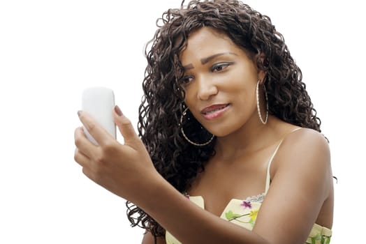 beautiful young african woman with cell phone isolated on white background