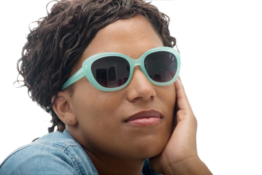 portrait of beautiful African American  young woman with sunglasses on white