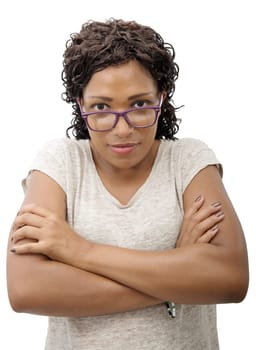Portrait of beautiful African American  young woman smiling, on white background