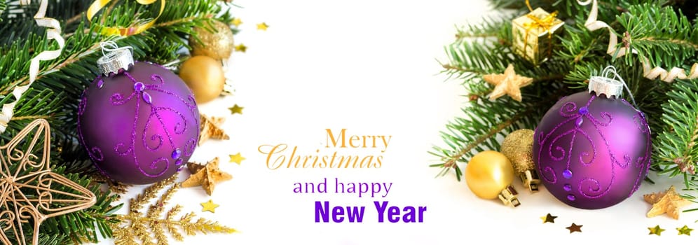 Purple and golden Christmas ornaments border on white background