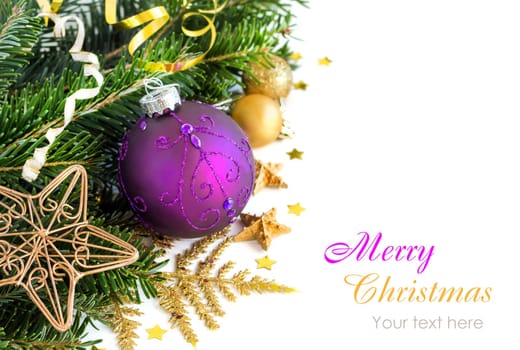 Purple and golden Christmas ornaments border on white background