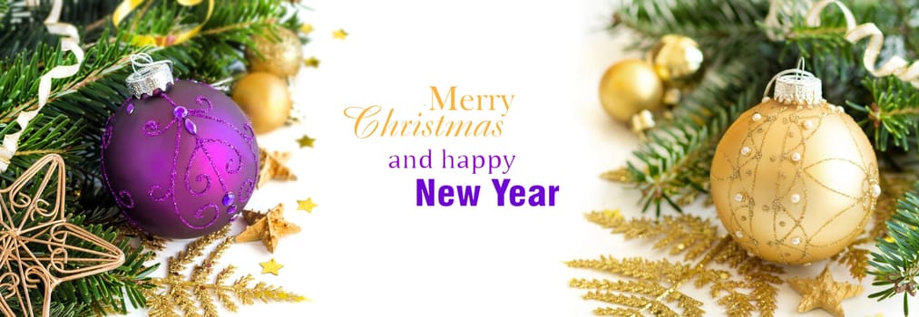 Purple and golden Christmas ornaments border on white background