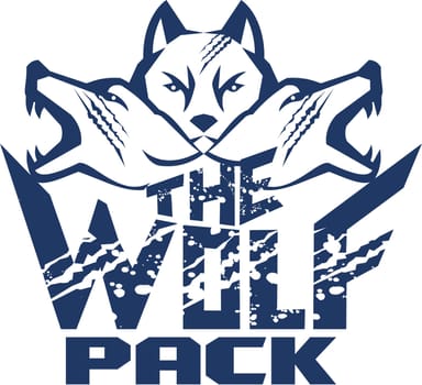 Illustration of a pack of wolf heads viewed from front set on isolated white background with the text words The Wolf Pack done in retro style.