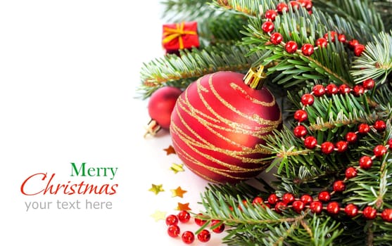 Festive decorations with red bauble on white background