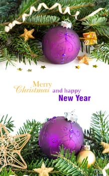 Purple and golden Christmas ornaments border on white background