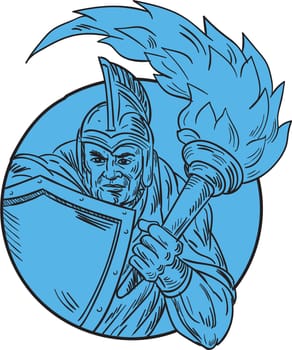 Drawing sketch style illustration of centurion roman soldier gladiator holding flaming torch and shield viewed from front set inside circle on isolated background.