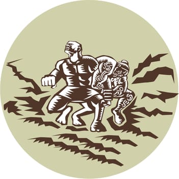 Illustration of Samoan legend Tiitii wrestling the God of Earthquake  and breaking his arm set omsode circle done in retro woodcut style.