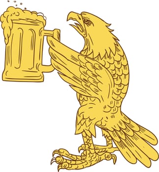 Drawing sketch style illustration of an american bald eagle hoisting beer mug stein viewed from the side set on isolated white background.