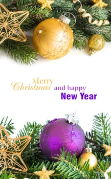Golden and purple Christmas ornaments border on white background