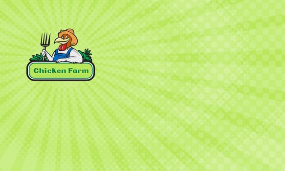 Business Card showing Illustration of a chicken farmer wearing overalls and hat holding pitchfork with vegetables in the background and the words text Chicken Farm viewed from front done in cartoon style. ..