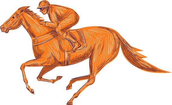 Drawing sketch style illustration of horse and jockey racing viewed from the side set on isolated white background.