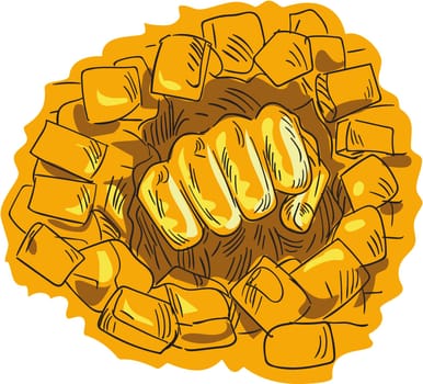 Drawing sketch style illustration of a clenched fist breaking brick stone wall set on isolated white background.