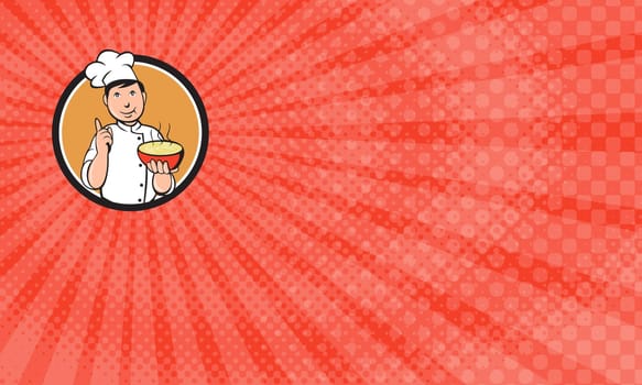 Business Card showing Illustration of an asian chef holding a bowl of noode and doing the number one sign with the other hand viewed from front set inside circle on isolated background done in cartoon style. ..