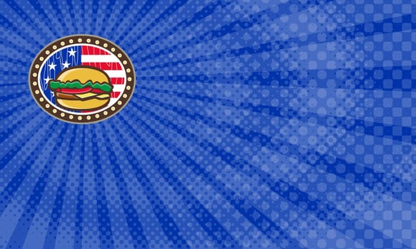 Business Card showing Illustration of an american cheeseburger set inside oval shape with usa american stars and stripes in the background done in cartoon style. ..