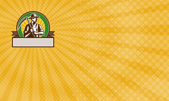Business Card showing Illustration of an organic farmer farm worker wearing hat holding scythe looking to the side set inside circle and banner with sunburst in the background done in retro woodcut style....