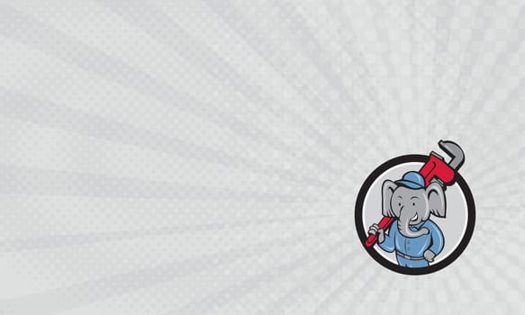 Business Card showing Illustration of an african elephant plumber mascot holding monkey wrench on shoulder set inside circle on isolated background done in cartoon style. ...
