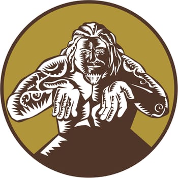 Illustration of Samoan legend god Tagaloa facing front with arms out set inside circle done in retro woodcut style.