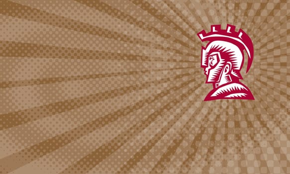 Business Card showing Illustration of a spartan warrior helmet and shield viewed the side set on isolated white background done in retro woodcut style. ...