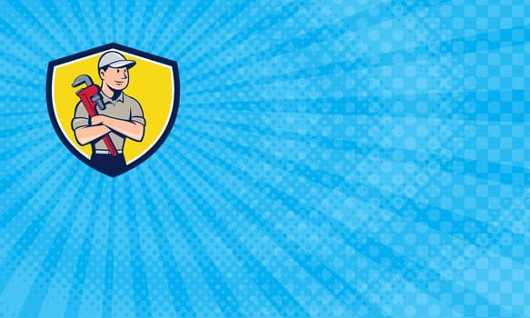 Business Card showing Illustration of a plumber wearing hat looking to the side arms crossed holding monkey wrench viewed from front set inside shield crest on isolated background done in cartoon style....