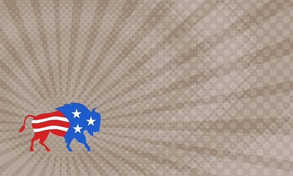 Business Card showing Illustration of an american bison buffalo bull with american stars and stripes flag as part of the body and head viewed from the side set on isolated white background done in retro style. ...