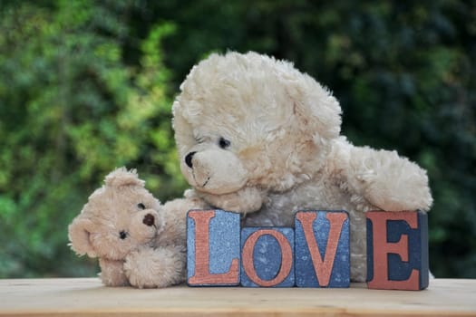 An antique and a white teddy bear with love stones against green nature background and pink roses