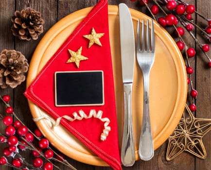 Festive table setting with small chalkboard close up