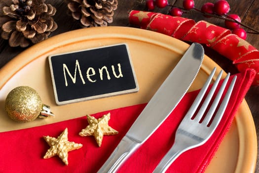 Festive table setting with small chalkboard close up