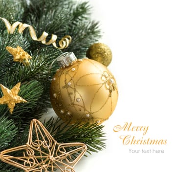 Festive decoration with golden bauble and garland