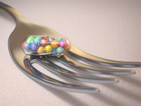 3D illustration. Multivitamin tablet upon a fork. Clipping path on the pill.