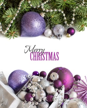 Silver and purple Christmas ornaments border on white background