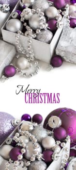 Silver and purple Christmas ornaments border on white background