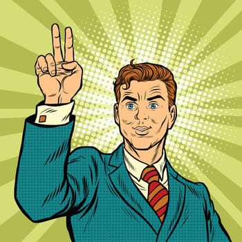 Male fingers of a hand shows the number one, pop art retro vector illustration. victory