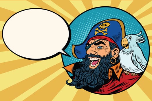 happy pirate with a parrot, pop art comic bubble, retro vector illustration