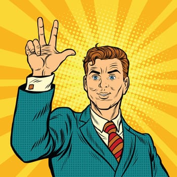 Male fingers of a hand shows the number three, pop art retro vector illustration. victory