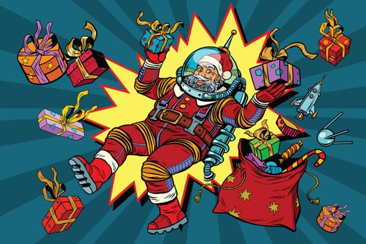 Space Santa Claus in zero gravity with Christmas gifts, pop art retro vector illustration. Comic background