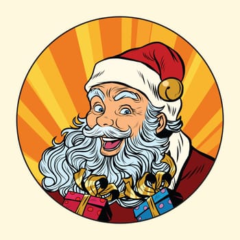 Joyful Santa Claus with gifts, pop art retro vector illustration