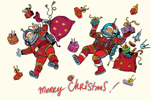 Space Santa Claus in zero gravity with Christmas gifts, pop art retro vector illustration. White background isolated