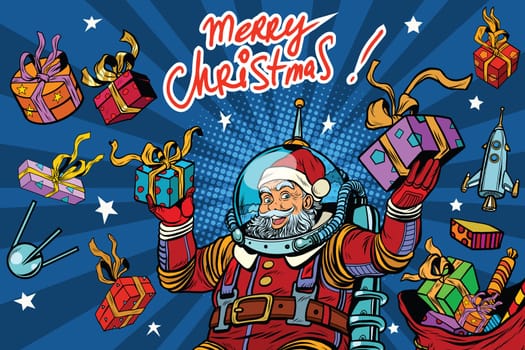 Space Santa Claus in zero gravity with Christmas gifts, pop art retro vector illustration. Greeting the inscription Merry Christmas