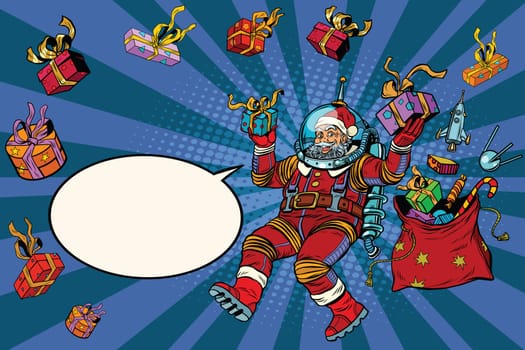 Space Santa Claus in zero gravity with Christmas gifts, pop art retro vector illustration. Blue cartoon background