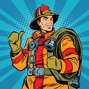 Rescue firefighter in safe helmet and uniform, pop art retro vector illustration