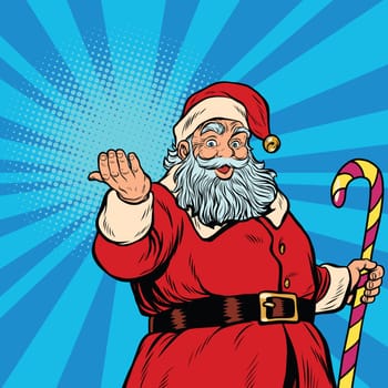 Santa Claus with gift, pop art retro vector illustration. Christmas background