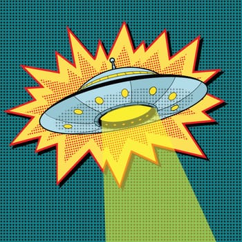 Pop art UFO with light beam, retro vector illustration