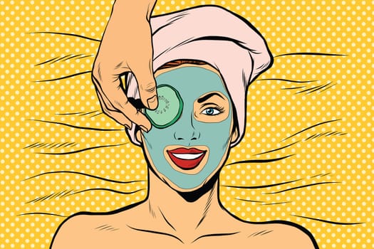 Cucumber mask on woman face, skin beauty, pop art retro vector illustration