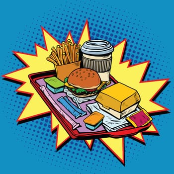 Fast food dinner, pop art retro vector illustration. Burger, fries and hot drink