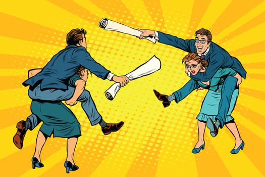 Business people office battle, men riding women, pop art retro vector illustration. Gender inequality