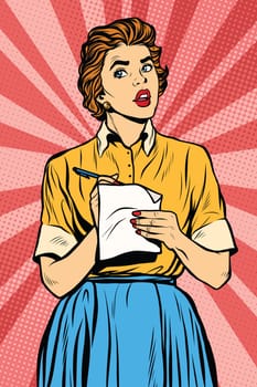 Retro waitress takes the order writes down meals, pop art retro vector illustration