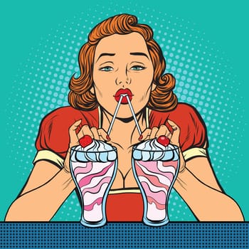 Woman drinking milkshake ice cream, pop art retro vector illustration. Drinks and desserts